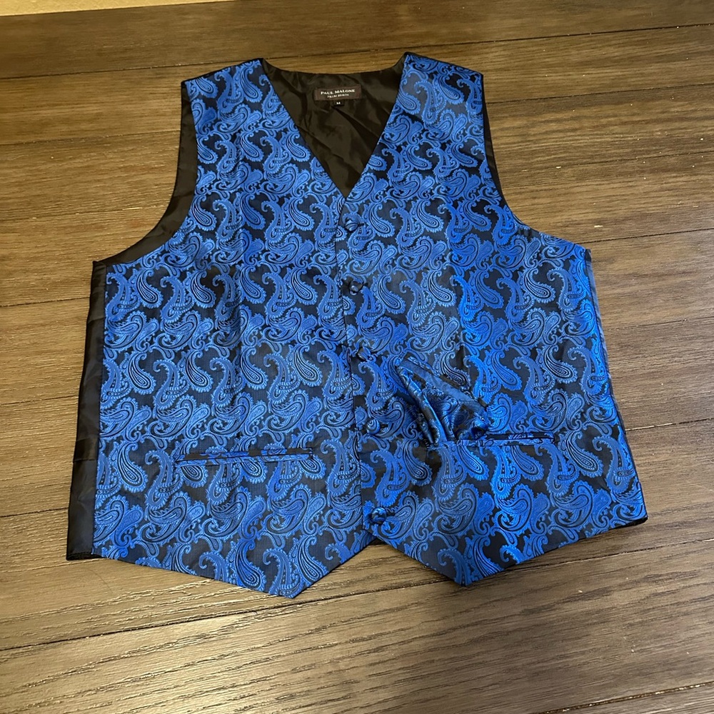 Men's Sz Lg Paul Malone Palm Beach Blue Paisley Vest w/pocket square